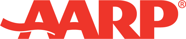 A red aarp logo on a white background