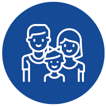 A family is standing next to each other in a blue circle.