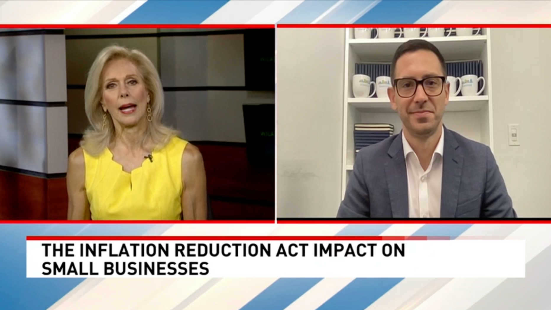 A news broadcast with a woman in yellow and a man in a blazer discussing the Inflation Reduction Act.