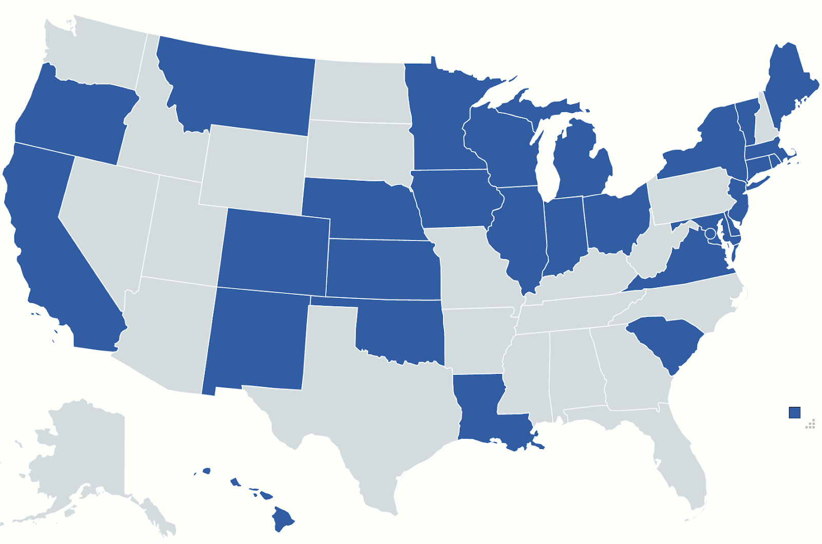 A map of the united states with blue states highlighted.