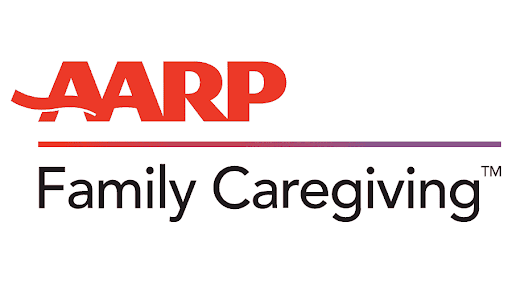 AARP Family Caregiving logo in red and black, with a red line arching over the word AARP.