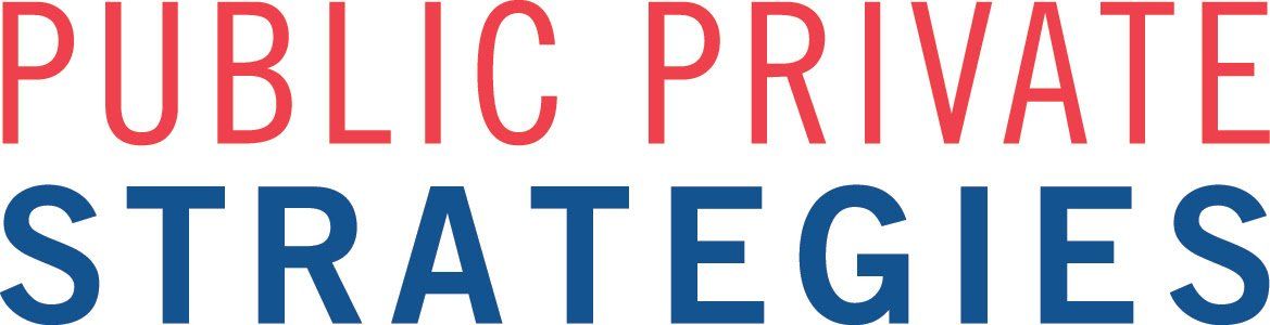 A red , white and blue logo for public private strategies