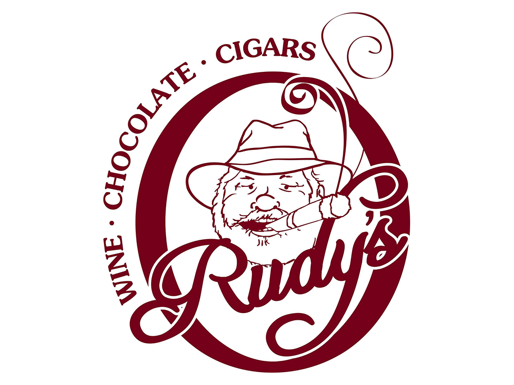 A logo for rudy 's wine chocolate cigars