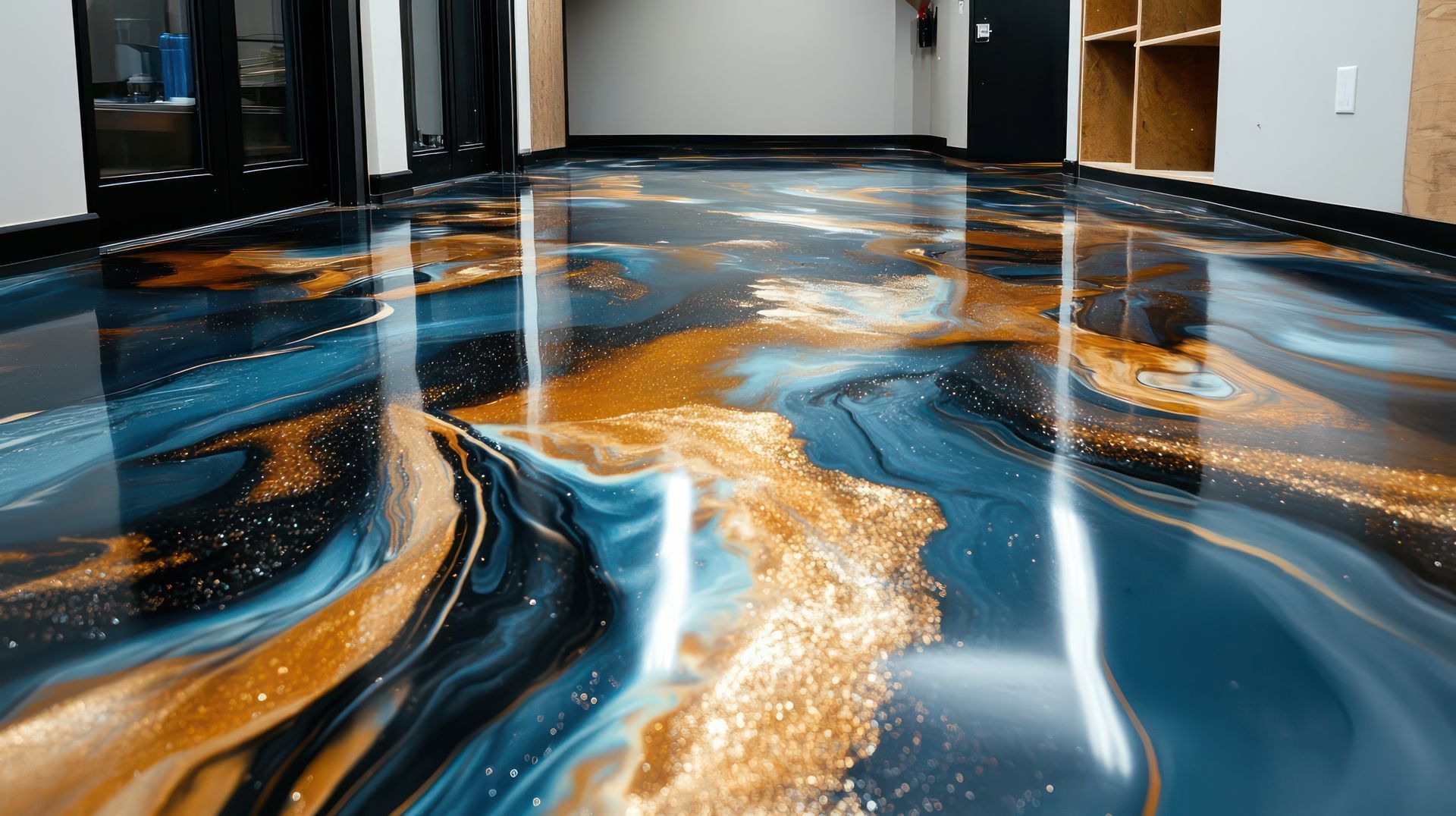Sol époxy dans les tons de bleu, or et noir; finition fluide et brillante.