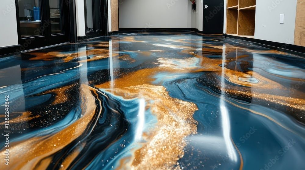 Sol époxy métallisé avec motifs tourbillonnants bleus, dorés et noirs dans un intérieur spacieux.
