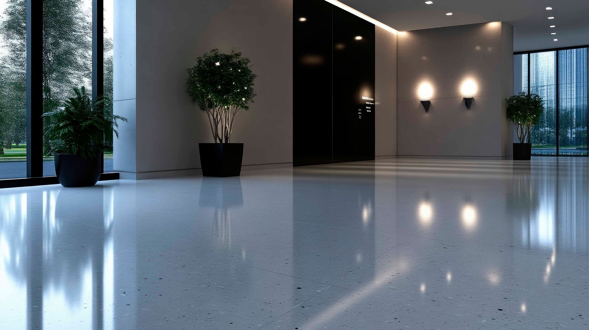 Sol en terrazzo poli dans un hall d'entrée moderne et vide, agrémenté de plantes en pot et de grandes fenêtres.