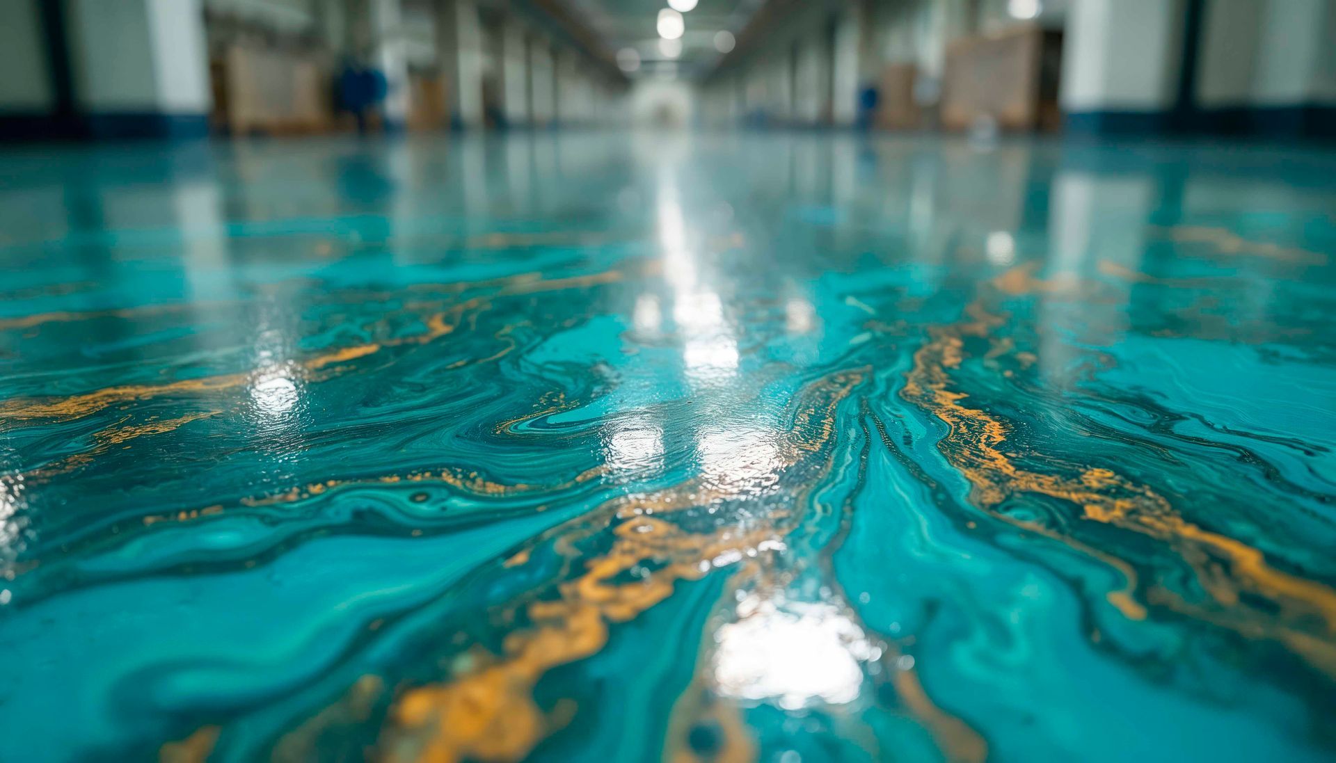 Gros plan sur un sol en époxy turquoise et or à motifs tourbillonnants dans un entrepôt.
