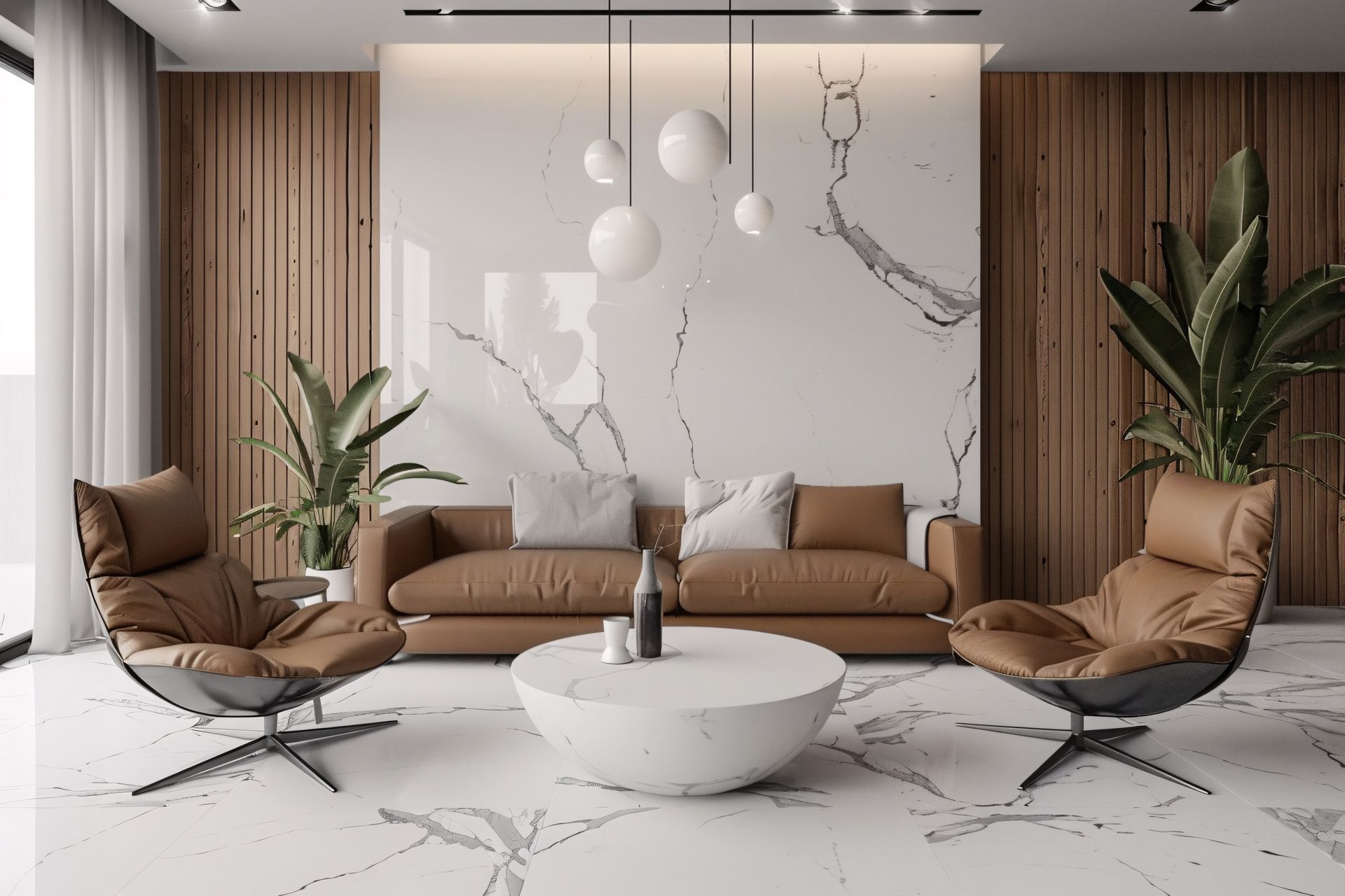 Salon avec meubles en cuir marron, sol et mur en marbre et plantes en pot.