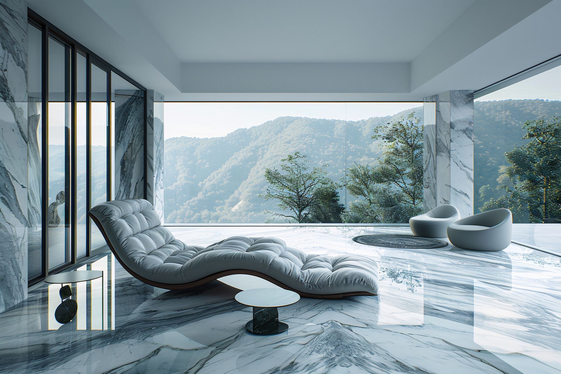 Une véranda moderne avec sols et murs en marbre époxy, une chaise longue et une vue sur la montagne.