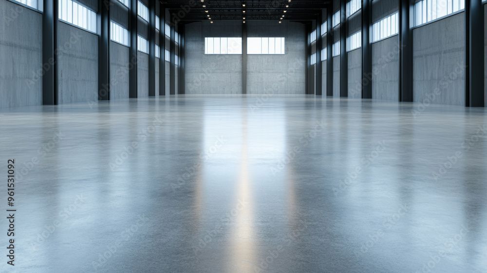 Entrepôt industriel vide avec sol en béton poli et hautes fenêtres reflétant la lumière