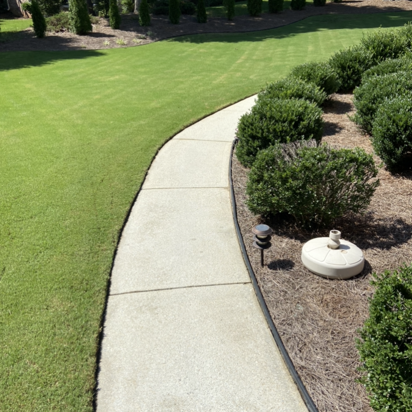 A concrete walkway leading to a lush green lawn