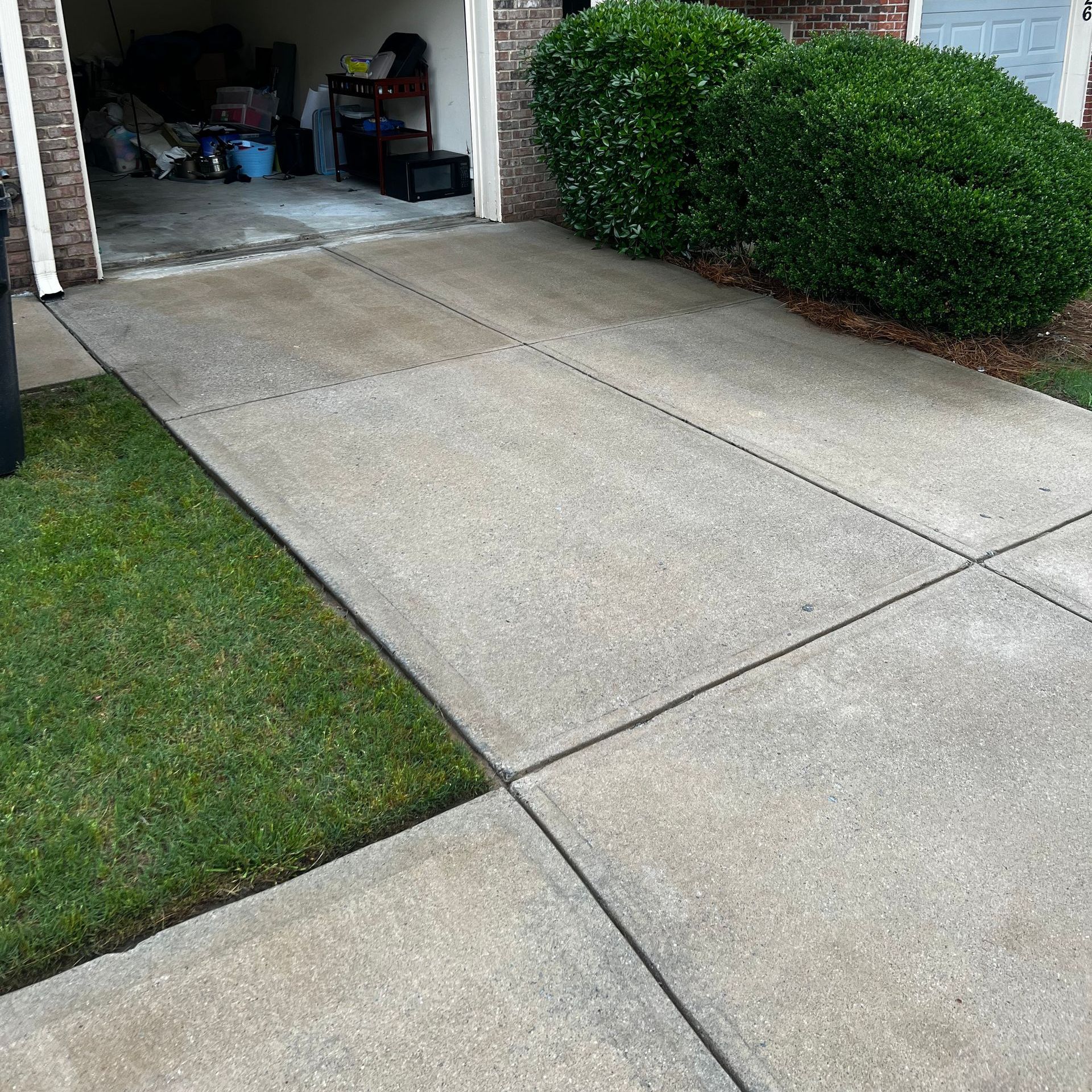A concrete walkway leading to a garage with a bush in the background