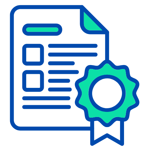 A blue and green icon of a certificate with a ribbon.