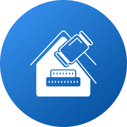 White house with a gavel and keyboard inside a blue circle.