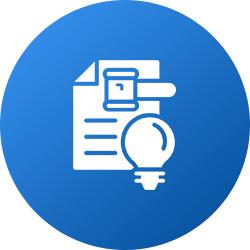 White icons of a gavel, document, and lightbulb on a blue circle.