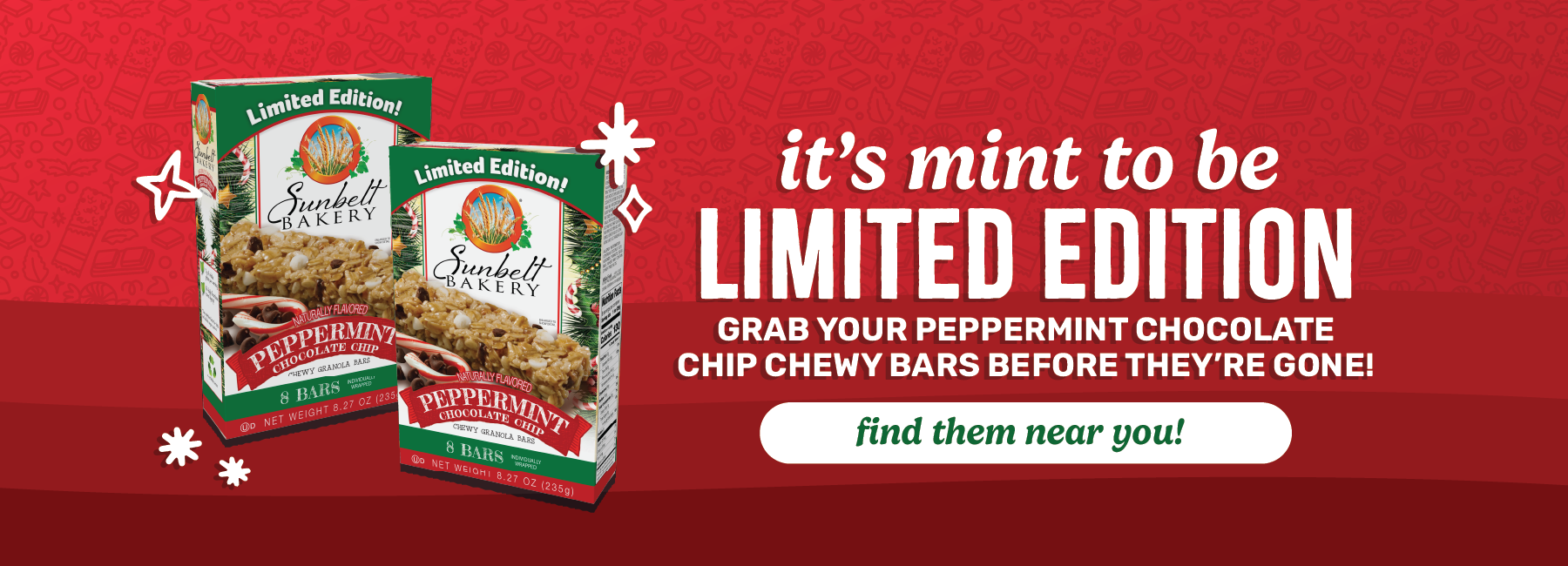 homepage banner slide of seasonal peppermint chocolate chip chewy granola bars