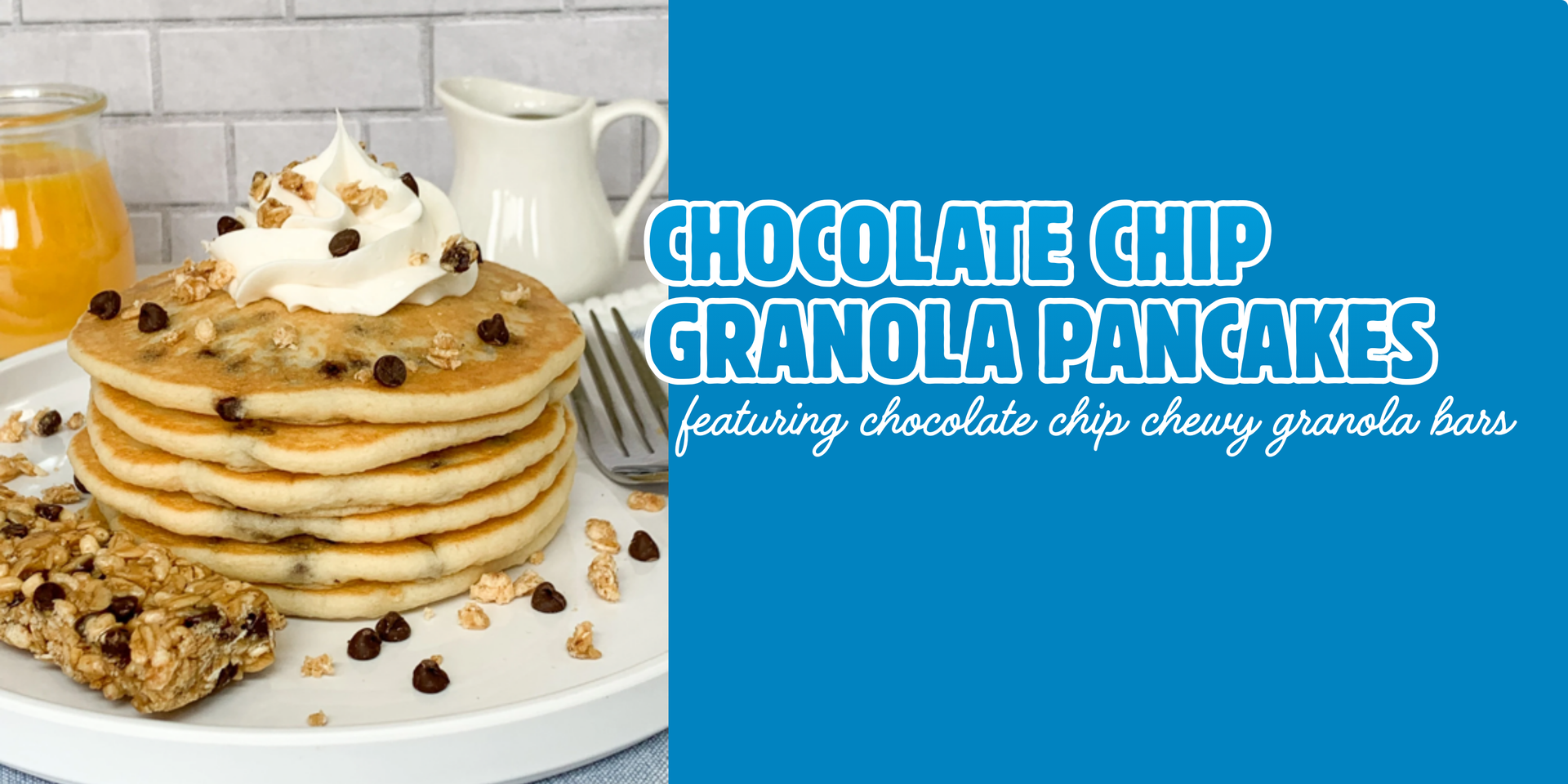 header image of chocolate chip granola pancakes recipe