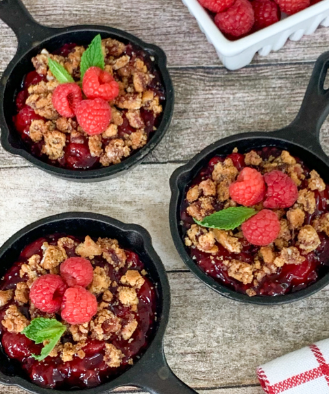 raspberry crumble in mini cast iron skillets