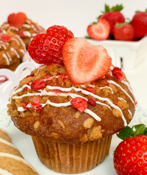 muffins made with strawberry soft baked bars and topped with strawberries