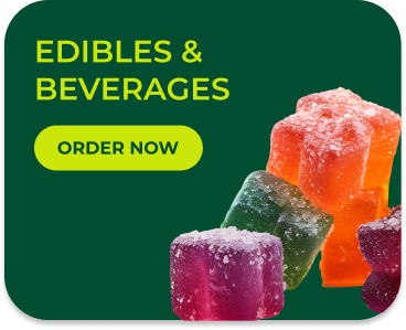 Edibles and Beverages ad with colorful, sugar-coated gummies and 