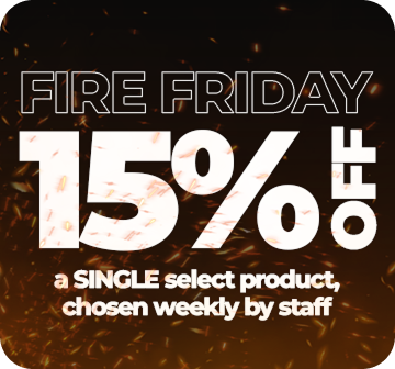 Fire Friday ad: 15% off a single product chosen weekly. White text on dark background with fire effect.