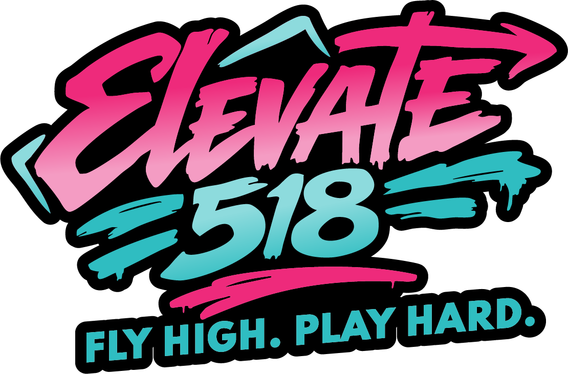 Elevate 518 logo: pink and teal text on black;