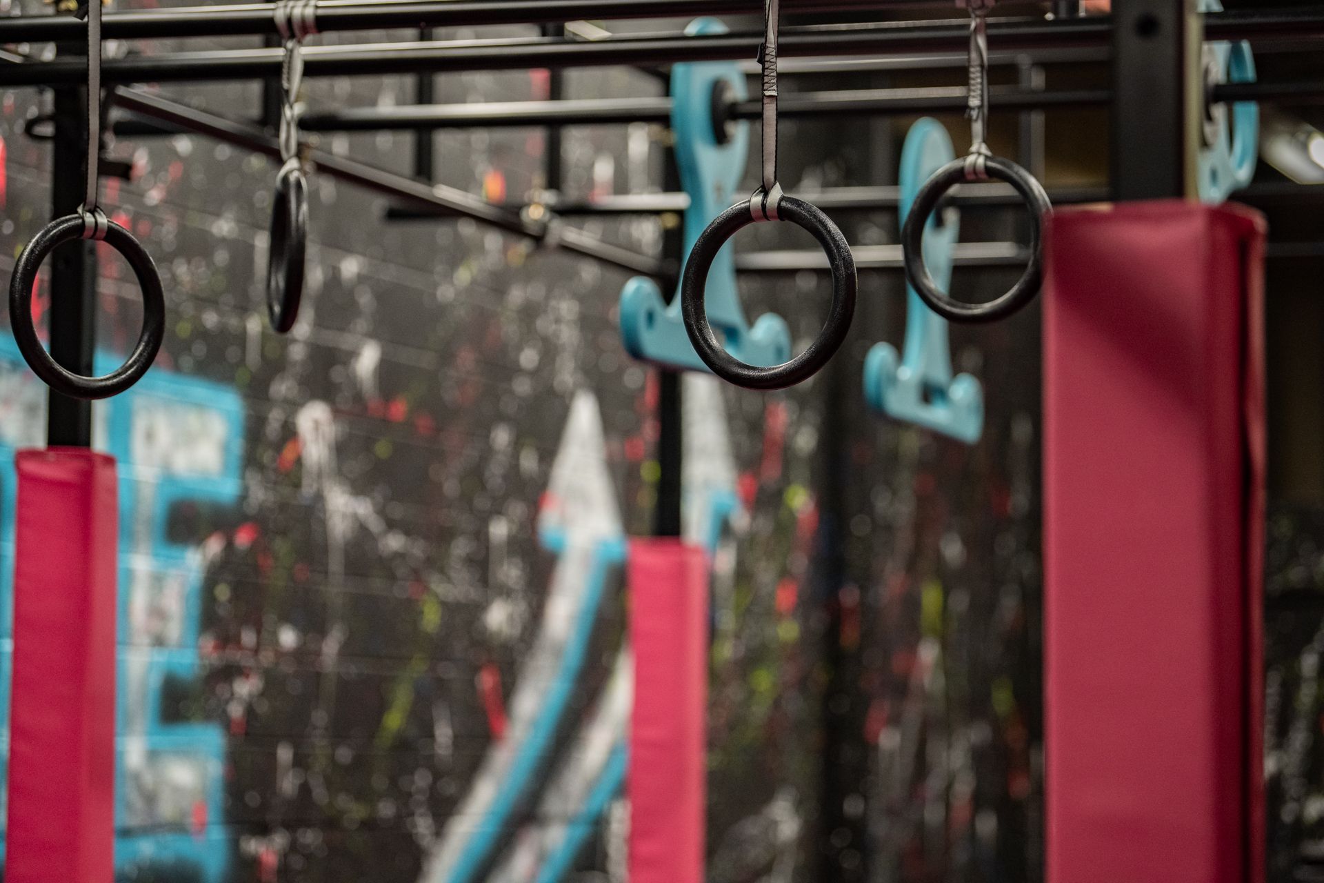 Gym rings hanging from a metal structure, with pink padding and a graffiti wall in the background.