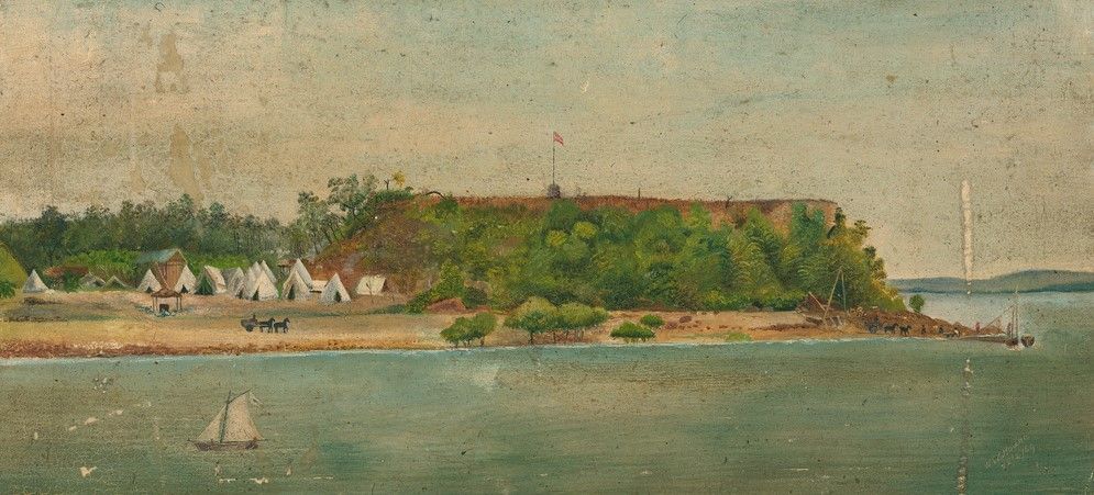 A painting of a small island in the middle of a body of water.