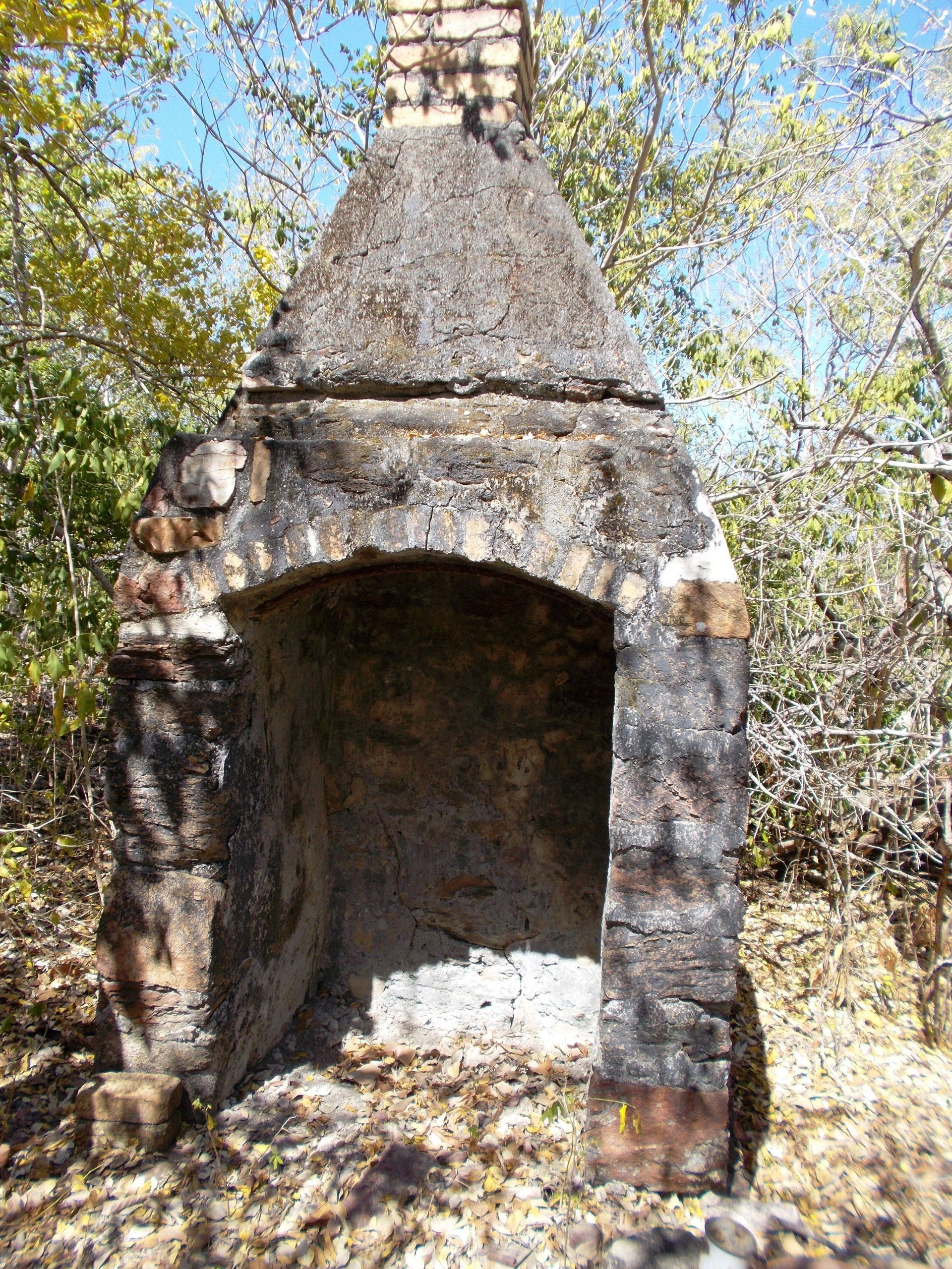 A stone fireplace is sitting in the middle of a forest.