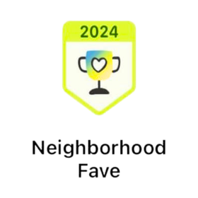 A badge that says neighborhood fave on it