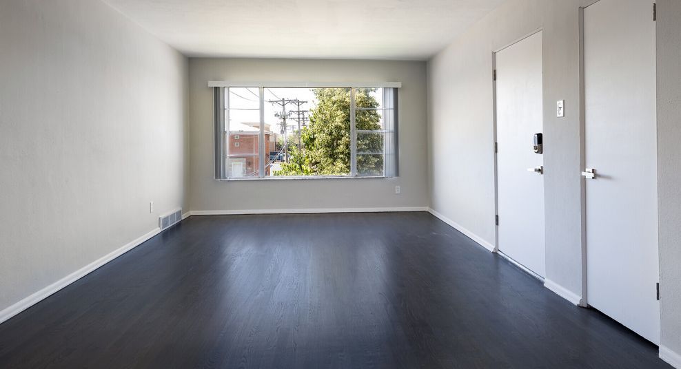 There is a large window in the middle of the room.