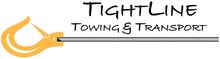 Logo for Tightline Towing & Transport: yellow tow hook, black text on white background.