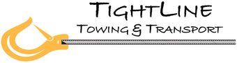 Logo for Tightline Towing & Transport: yellow tow hook, black text on white background.