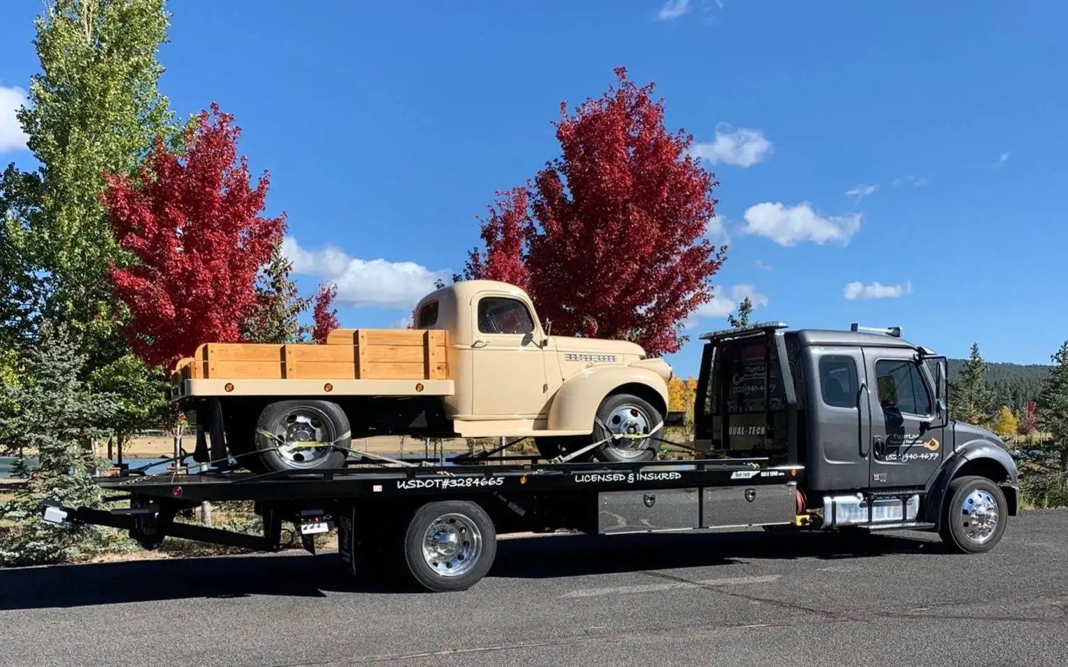 Vintage tan truck on a flatbed tow truck in front of red and green trees on a sunny day.