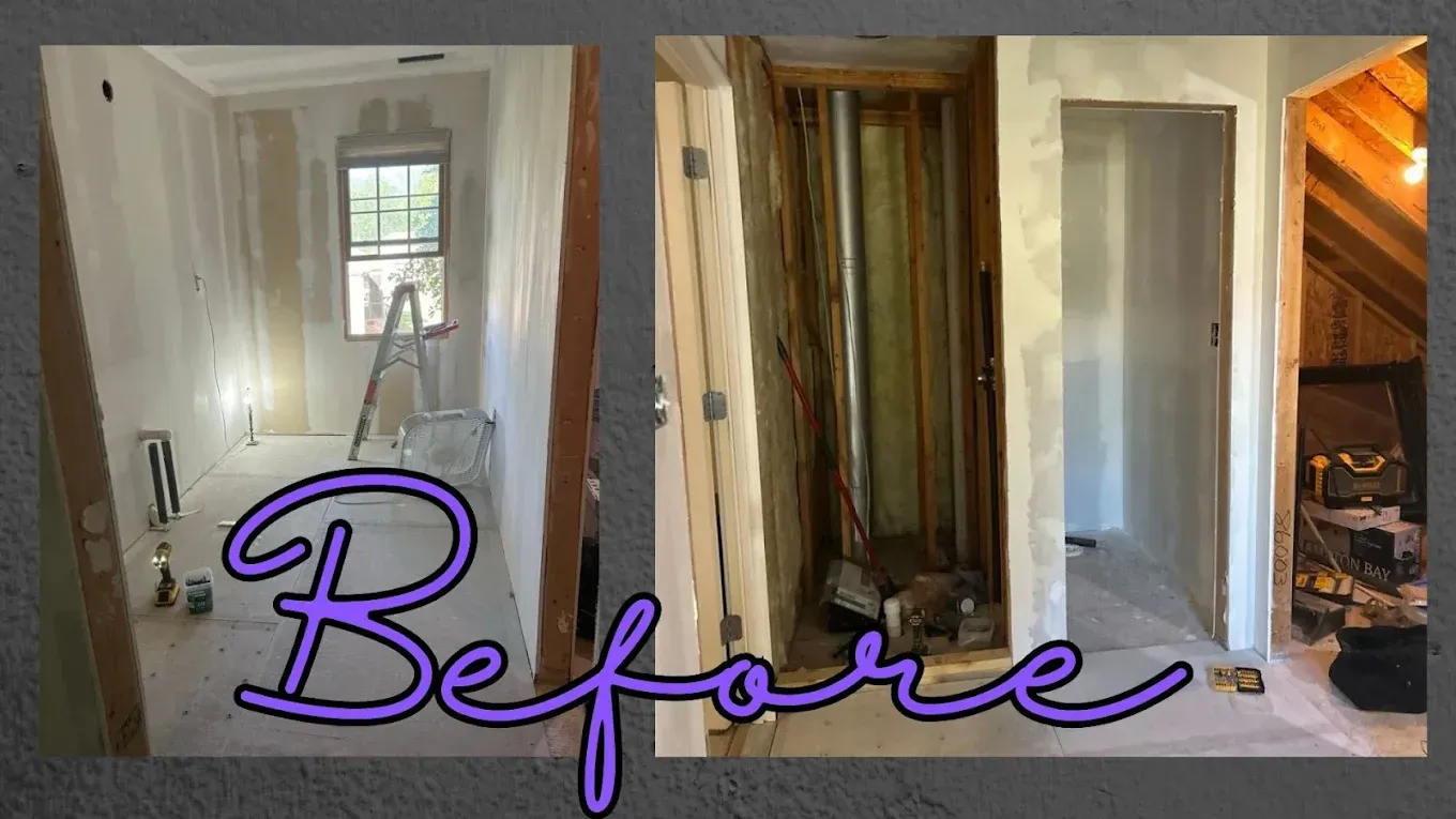 Before: Interior view of a room under construction. Drywall is being installed, with visible wooden framing.