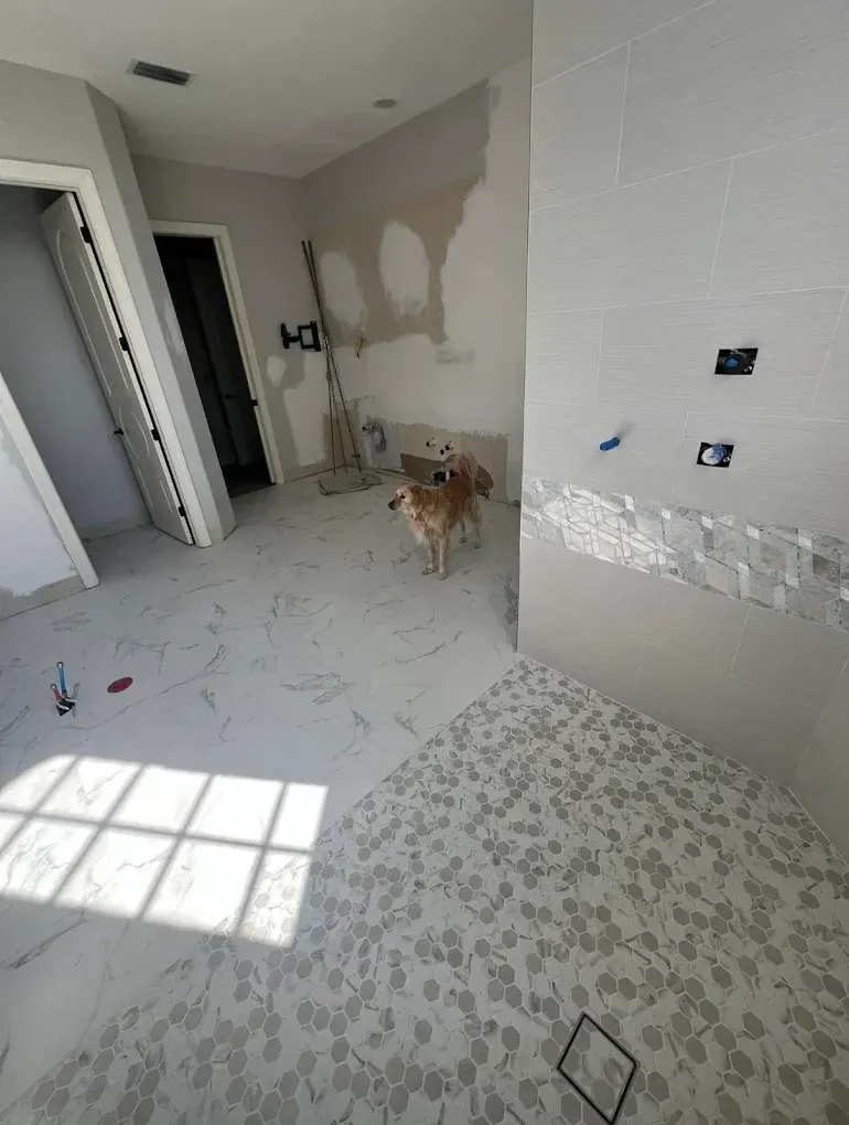 Dog in a room under construction with new flooring, partially tiled walls, and a doorway.