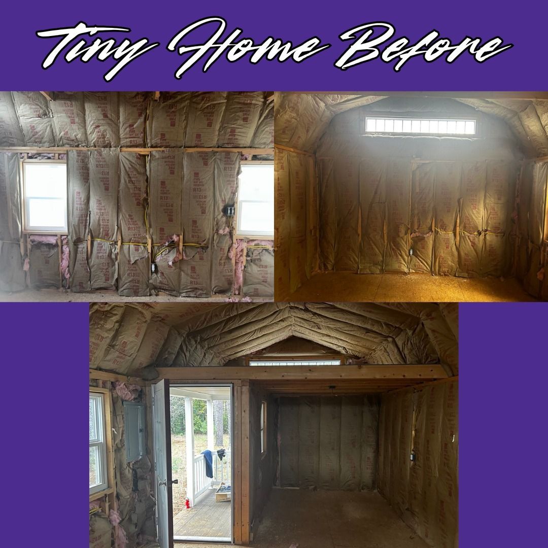 Three photos of a tiny home interior under construction: insulation, windows, and framing visible.