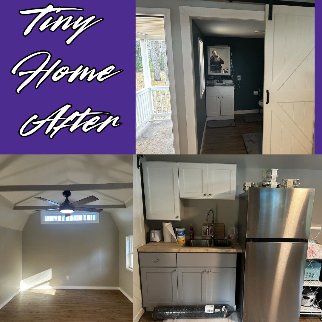 Tiny home after renovation, showcasing interior: porch, bathroom, living space, and kitchen.