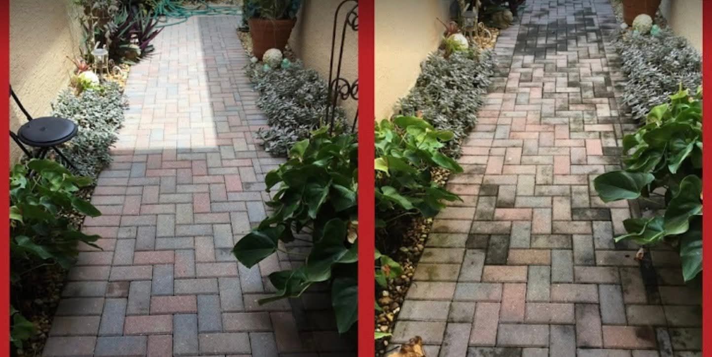 Split-screen comparison of a garden path showing cleaner, brighter brick pavers on the left versus dirty pavers on the right.