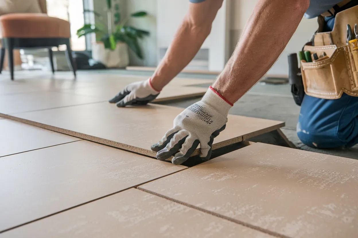 A man is laying tiles on the floor in a living room.