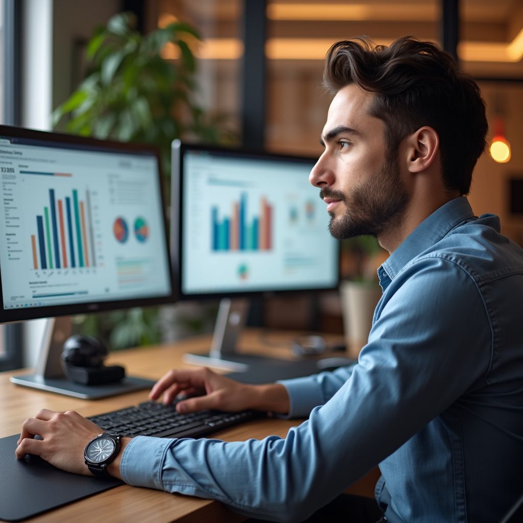 Responsive website devices Man at computer analyzing charts. He is in an office setting with a watch on, focused.