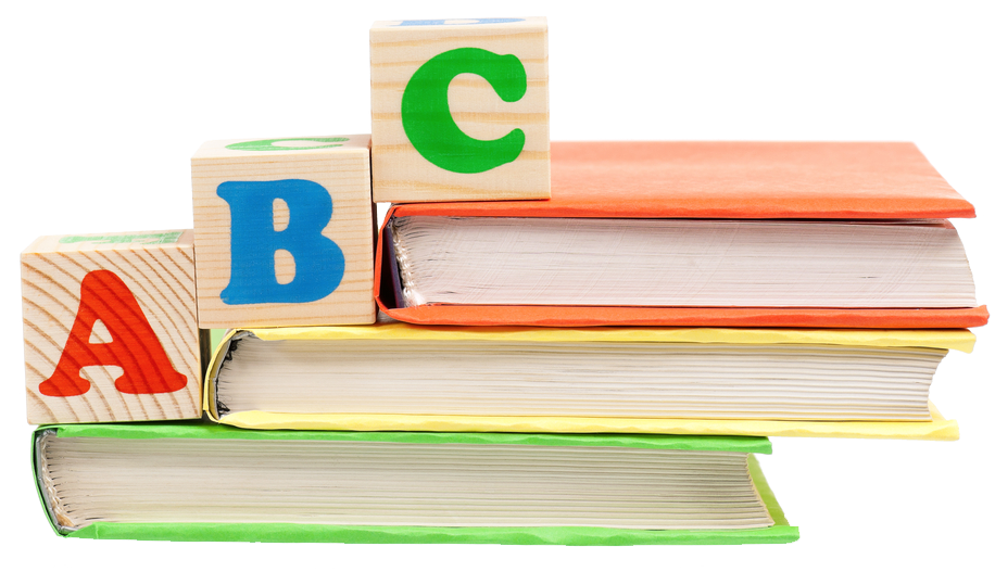 Wooden alphabet blocks (A, B, C) on top of stacked colorful books.