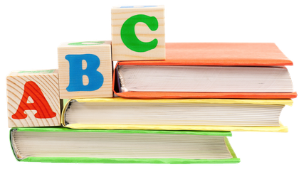 Wooden alphabet blocks (A, B, C) on top of stacked colorful books.