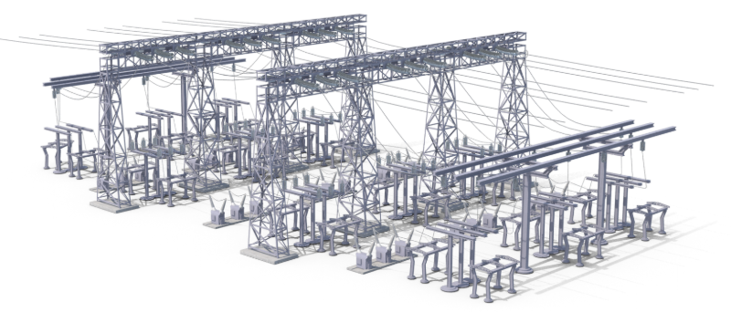 A 3D wireframe render of a high-voltage electrical substation featuring metal support structures and complex wiring.