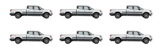 Six white pickup trucks are shown from different angles on a white background.