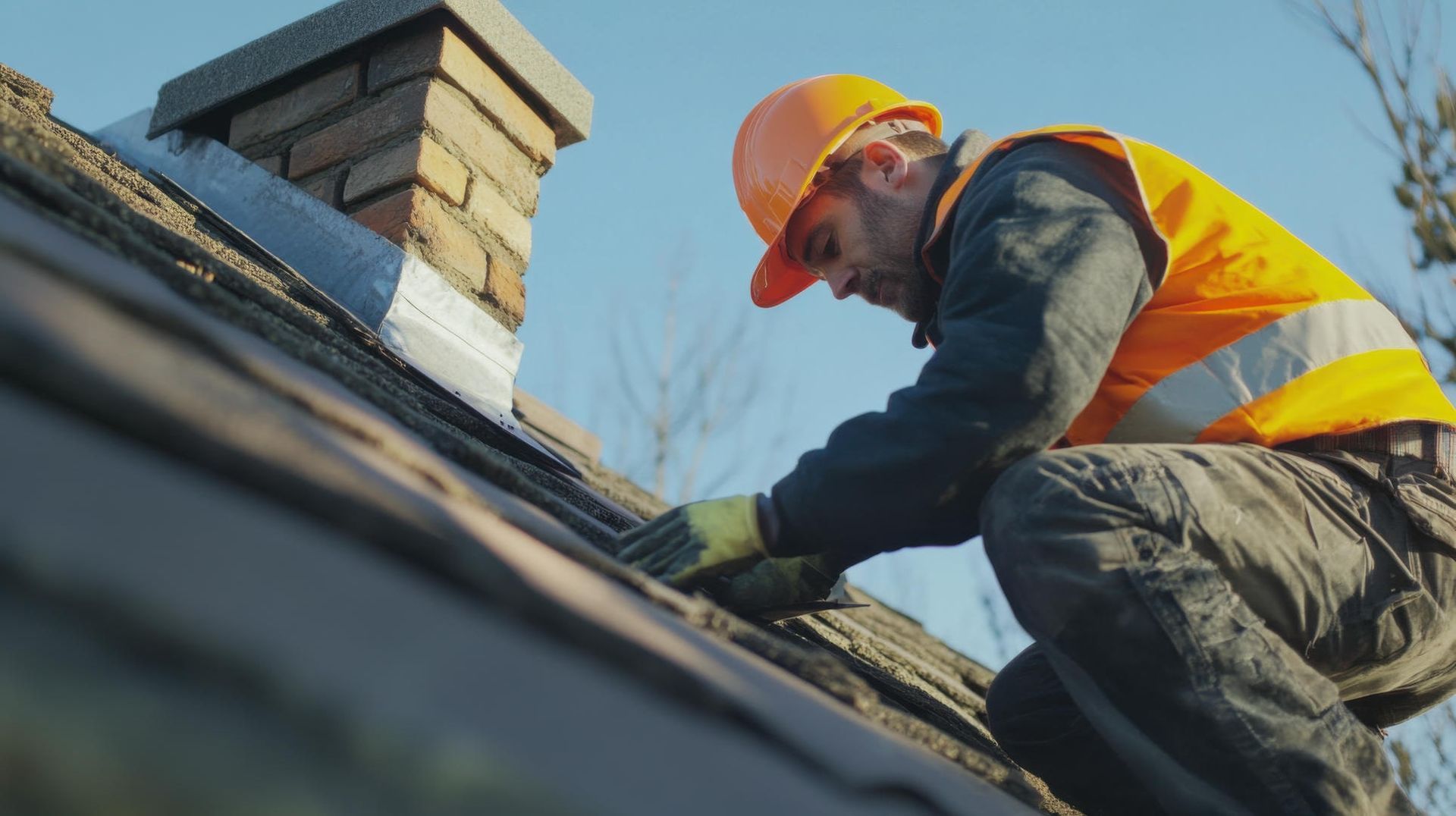 Roofer in orange vest and hard hat, working on a roof near a brick chimney.
