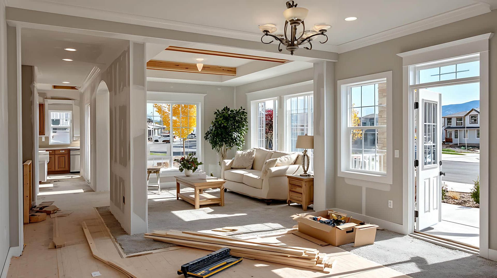 Living room under construction with open doorway, windows, and sunlight.