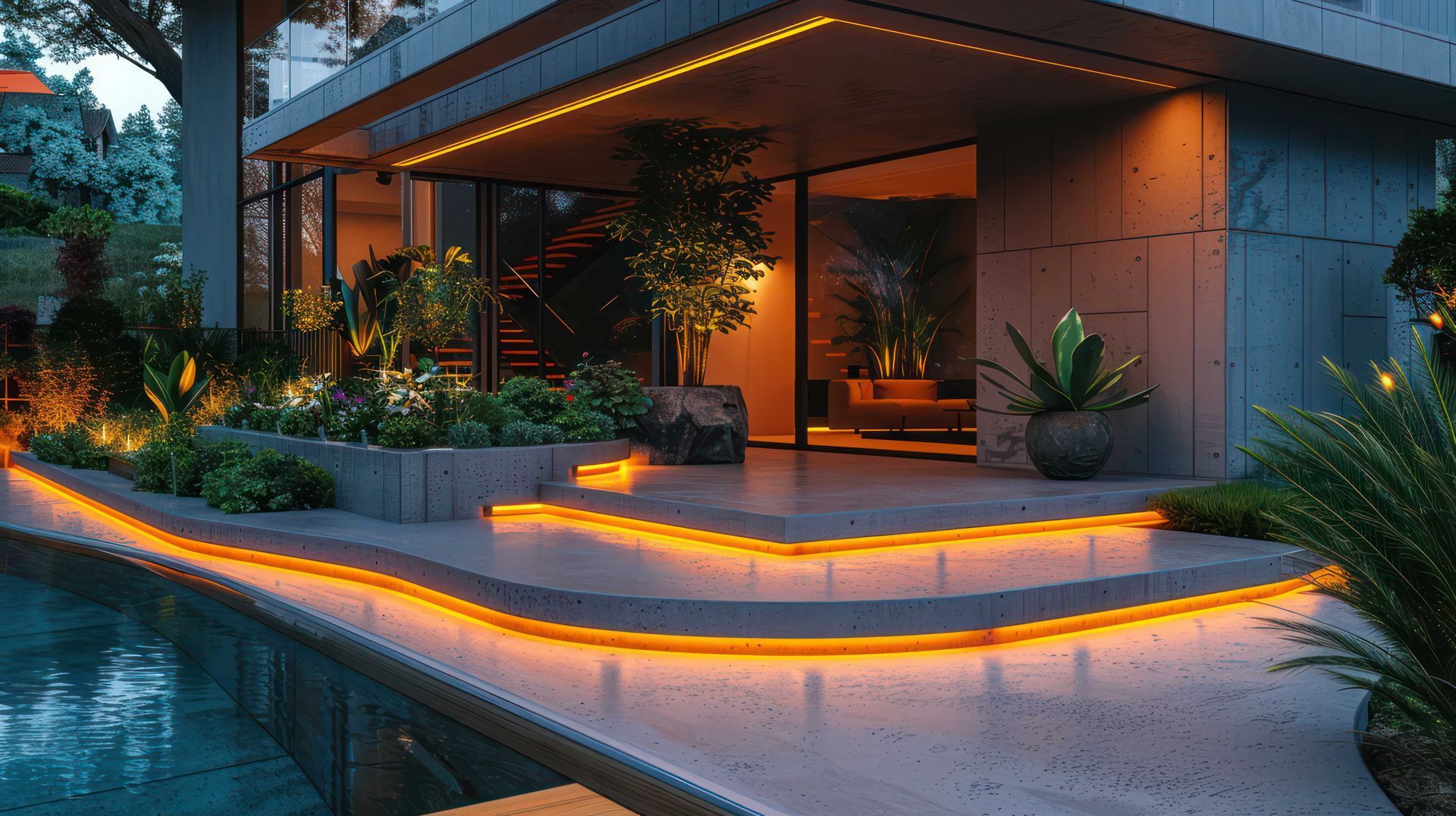 Modern house exterior with warm orange LED strip lights, steps, and a pool.