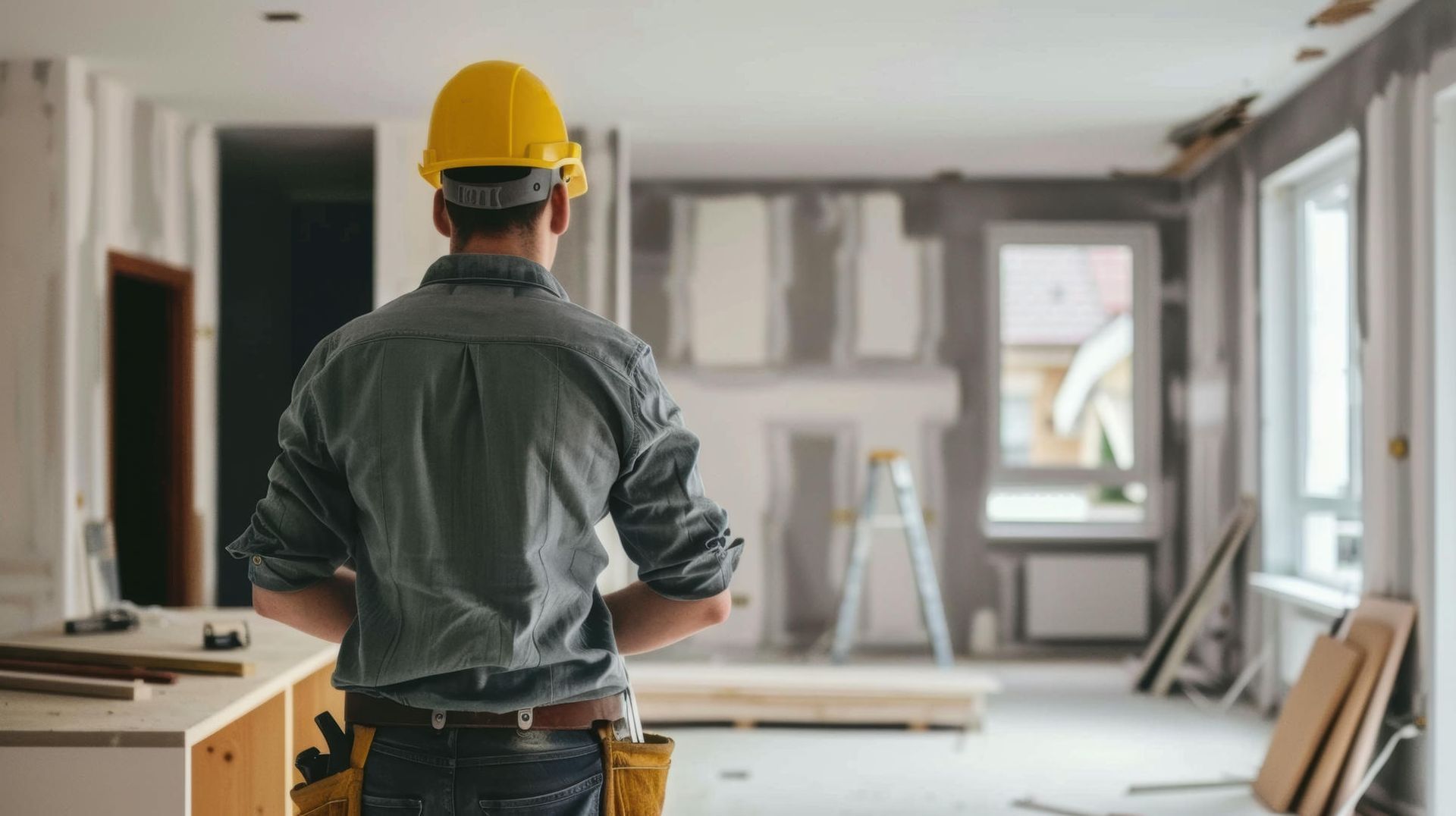 Construction worker in yellow hard hat surveys an unfinished room with tools and materials.