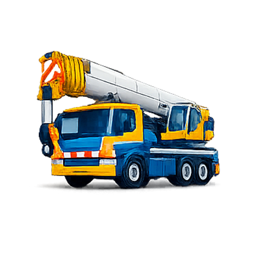 Autogru giocattolo gialla e blu con braccio telescopico bianco.